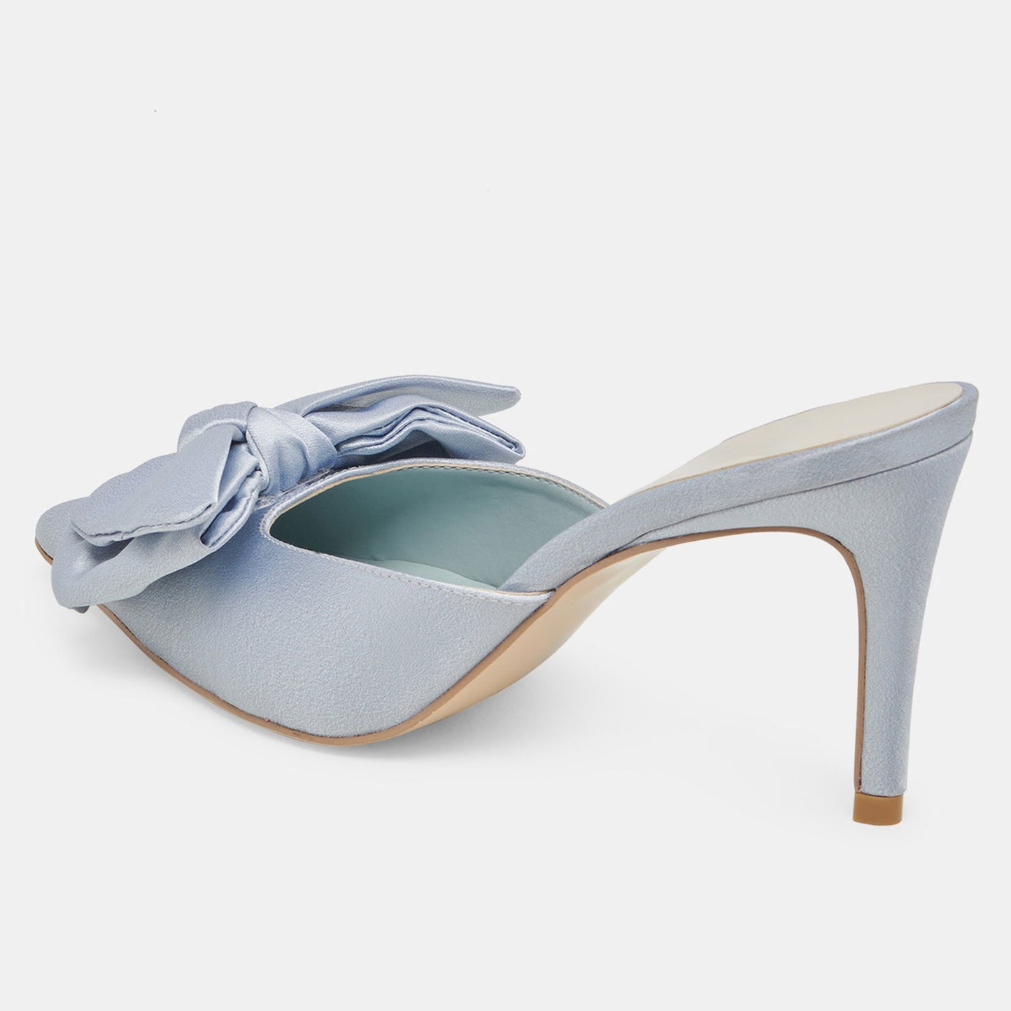 Elegant Satin Pointed Toe Stiletto Heel Bow Mules Shoes in Light Blue