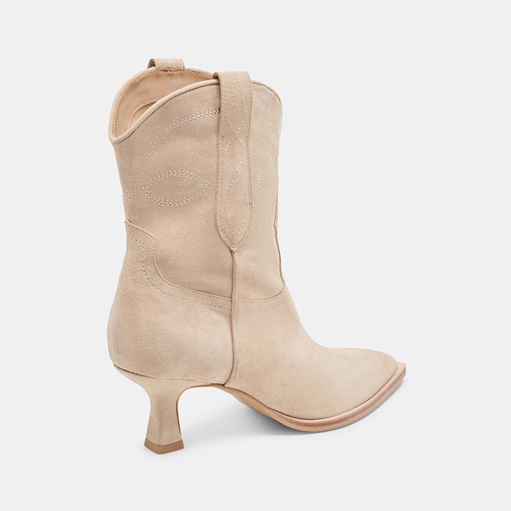 Beige Pointed Toe Kitten Heel Pull Tab Ankle Boots with Stitching