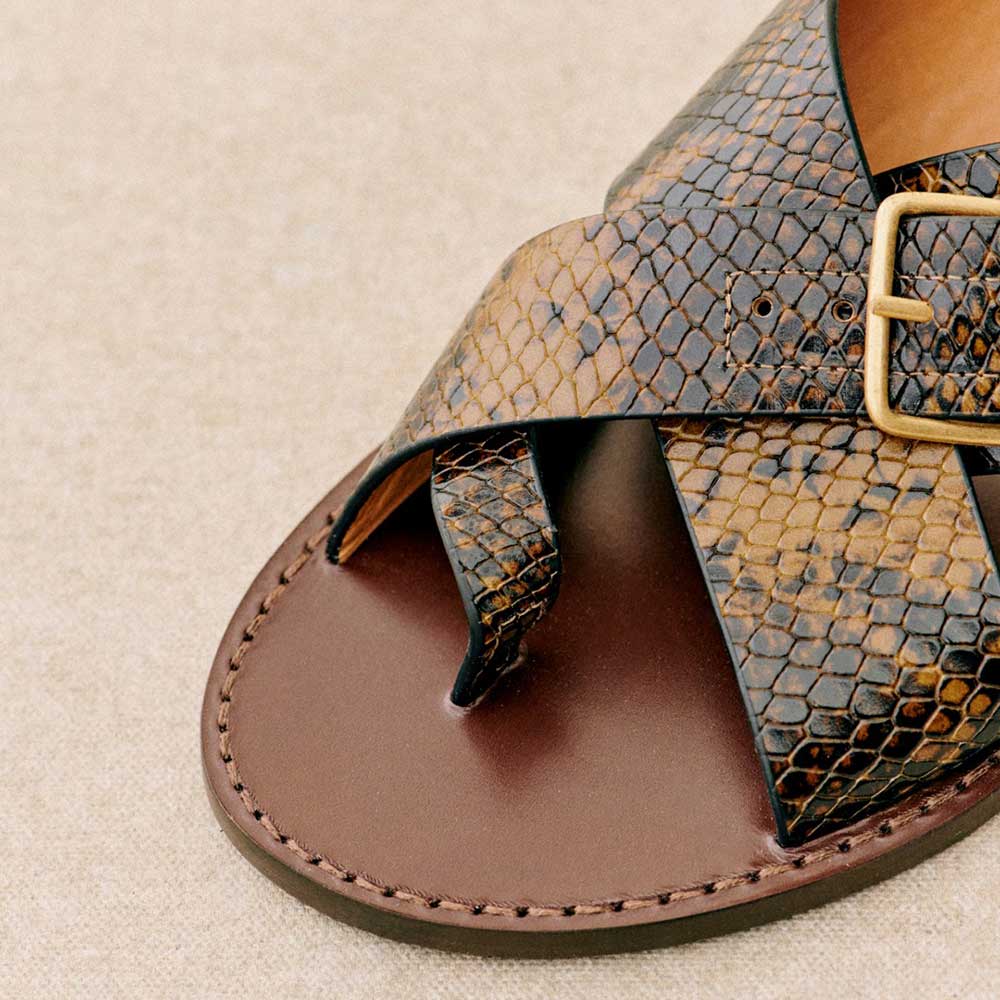 Dark Brown Round Toe Flat Python Cross Strap Buckled Slingback Sandals
