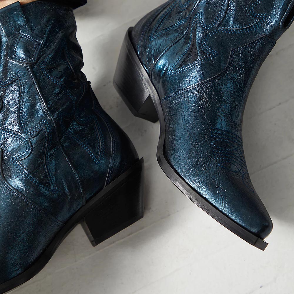 Dark Teal Pointed Toe Chunky Heel Embroidered Cowgirl Ankle Boots