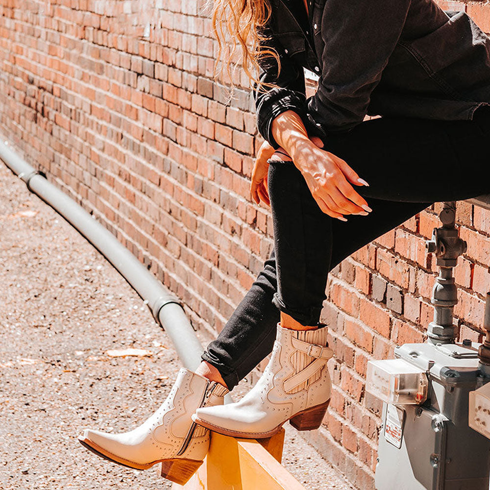 Beige Snip Toe Block Heel Studded Vintage Western Booties