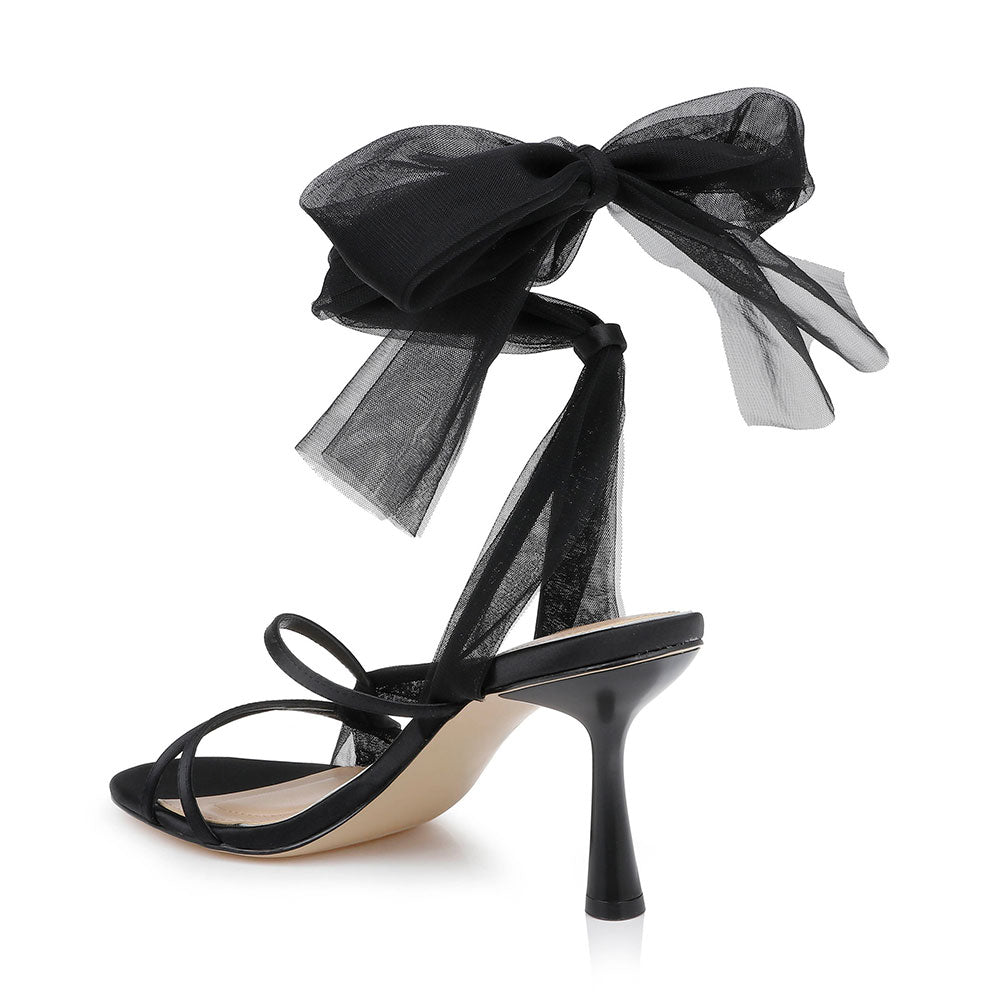 Elegant Satin Open Round Toe Chiffon Ankle-Tie Black Heels Sandals