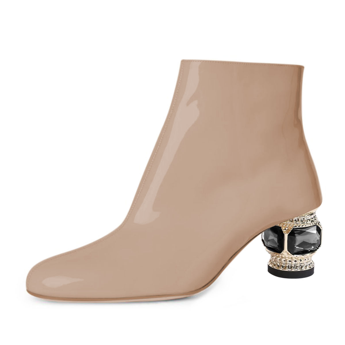 Beige Patent Leather Round Toe Decorative Heel Side-Zip Ankle Boots