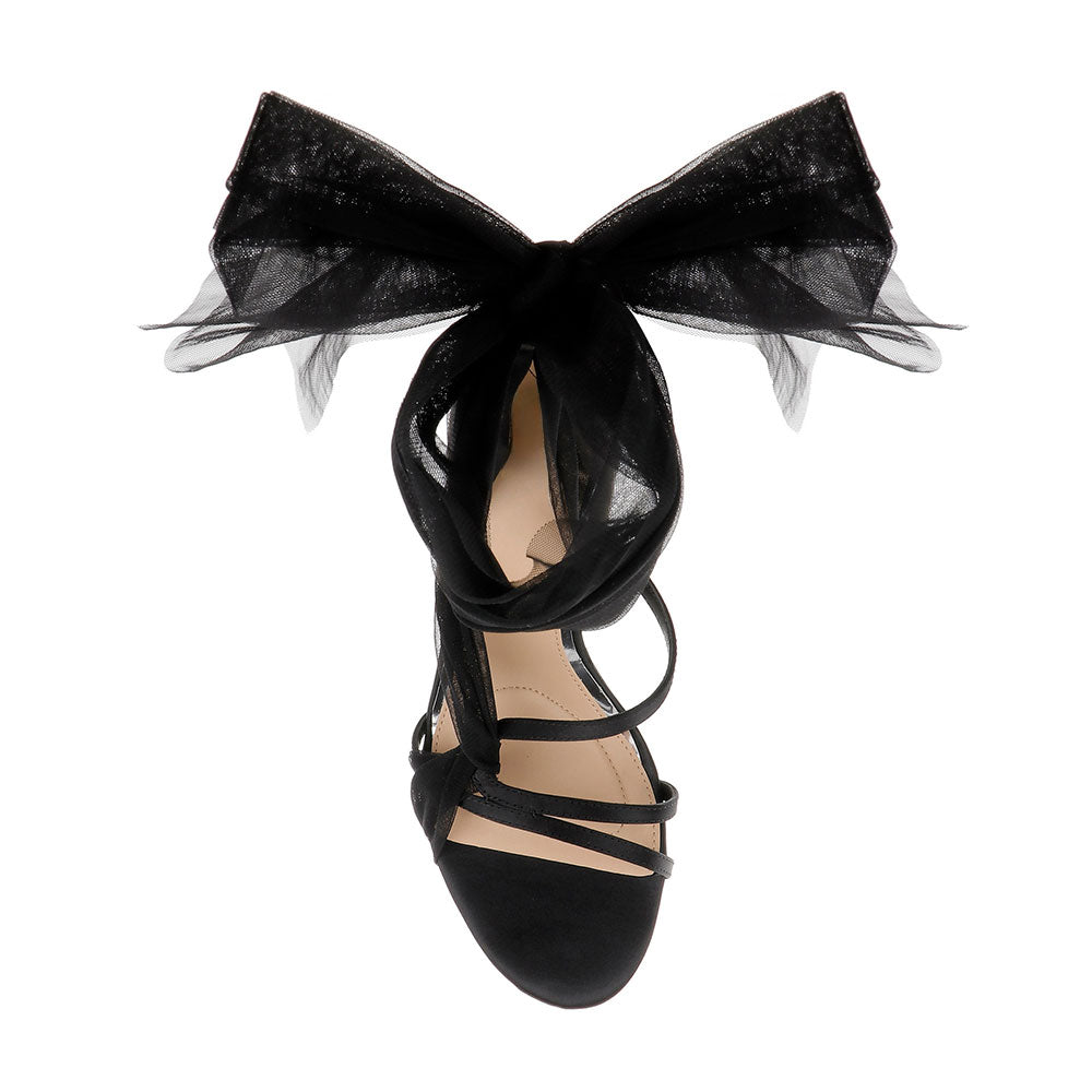 Elegant Satin Open Round Toe Chiffon Ankle-Tie Black Heels Sandals