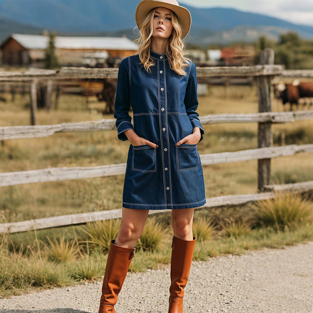 Stand Collar Button Patch Pockets Contrast Stitching Denim Mini Dress