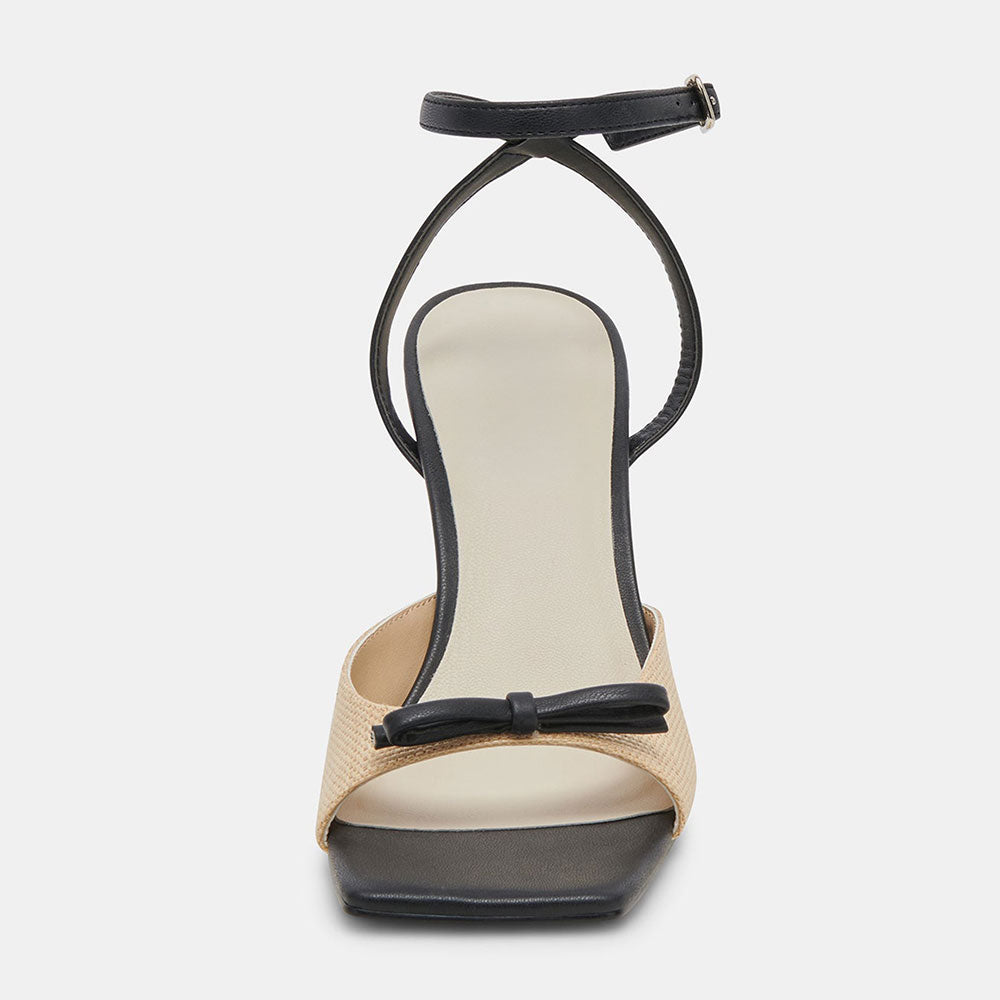 Beige & Black Open Square Toe Flared Heel Ankle Strap Women's Sandals