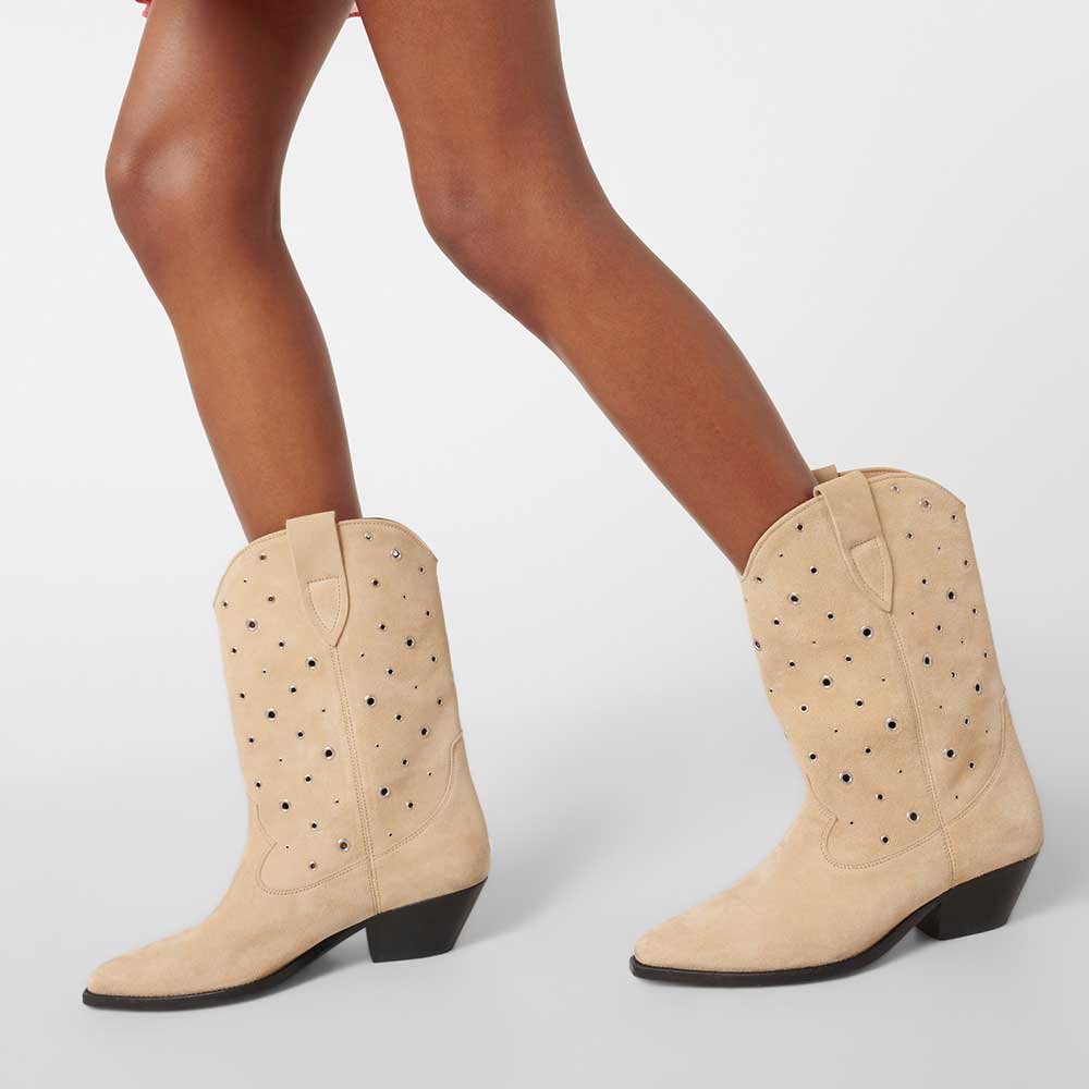 Beige Faux Suede Pointed Toe Chunky Heel Wide-Calf Cowgirl Boots