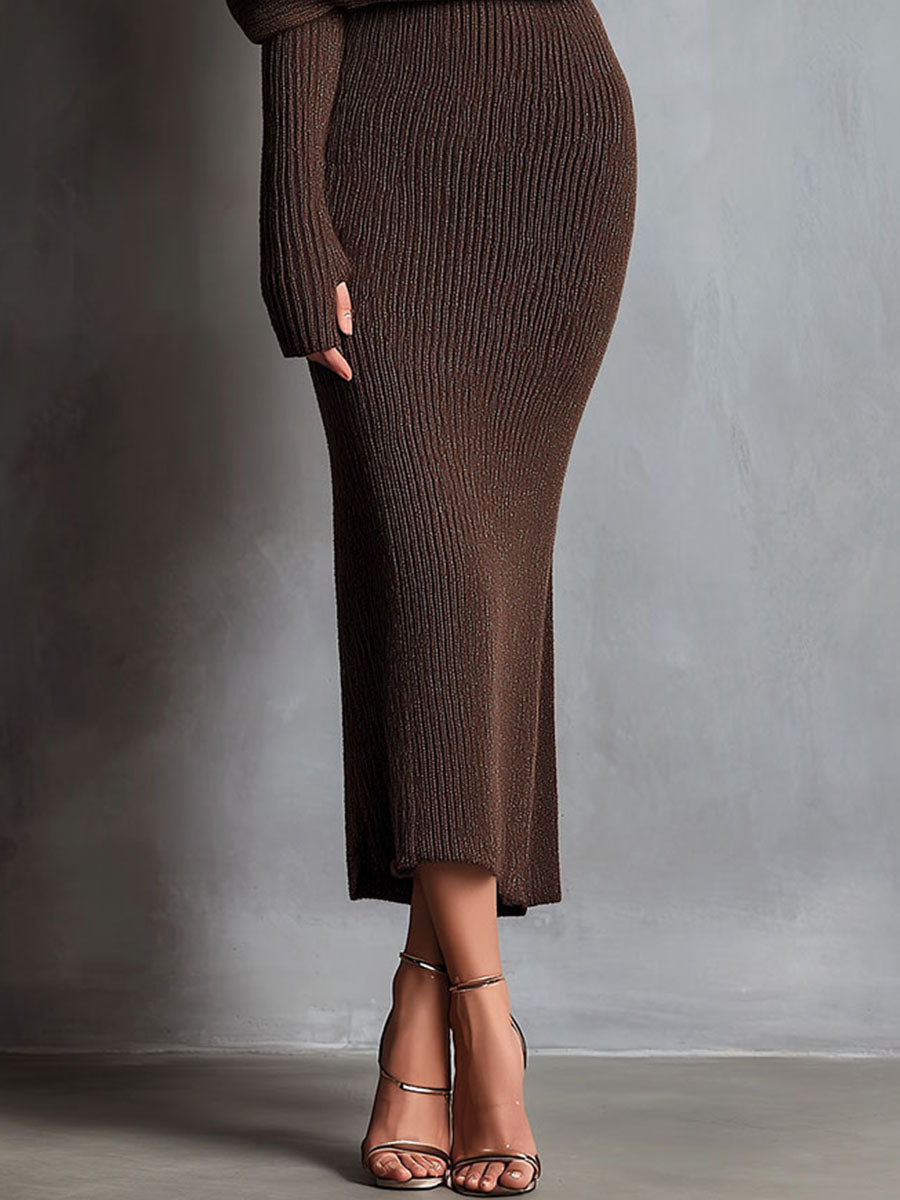 Elegant Brown Ribbed Knit Keyhole Cutout Bodycon Midi Dress
