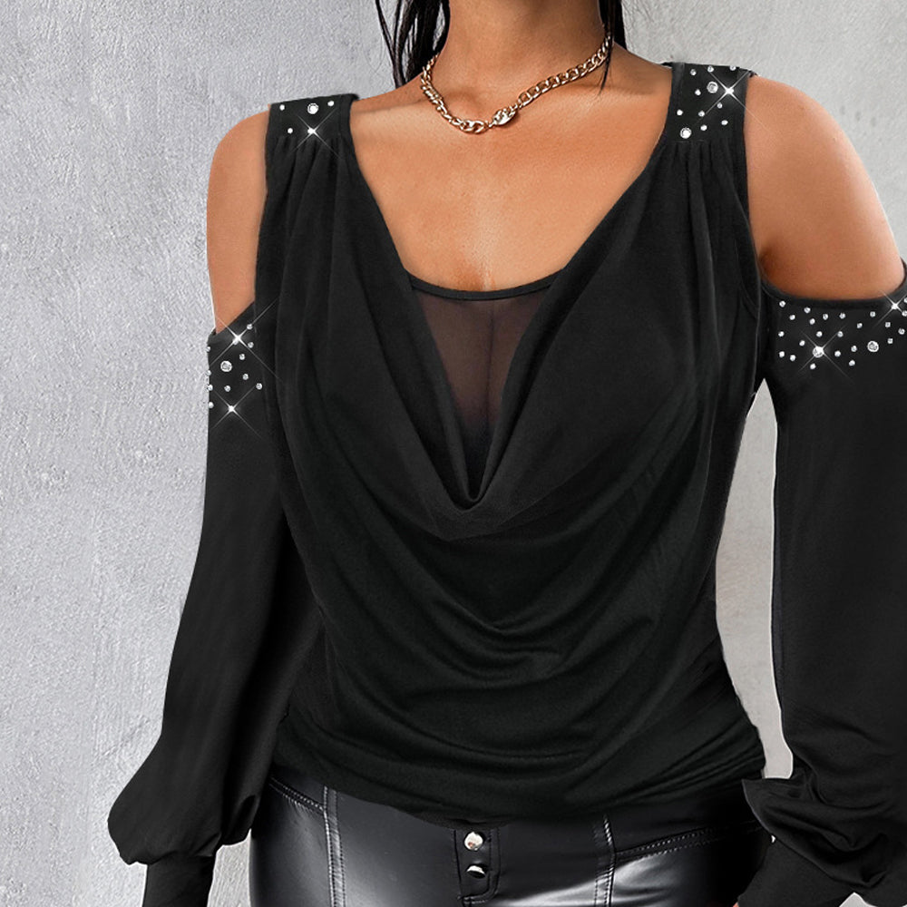 Fashion Cold Shoulder Rhinestone Mesh Drape Neck Lantern Sleeve Blouse