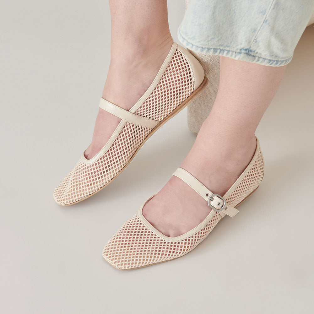 Beige Fishnet Square Toe Flat Buckle Strap Mary Jane Shoes for Women