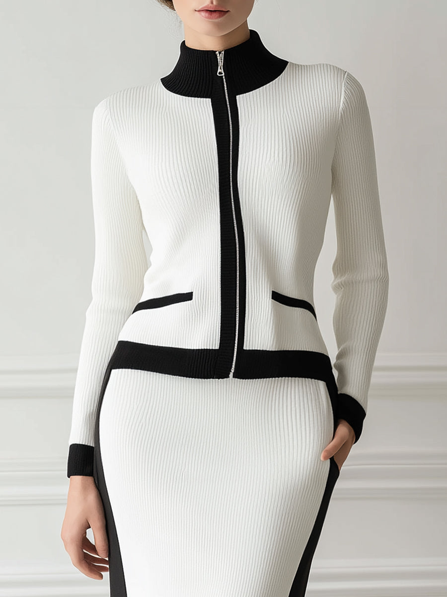 Fashionable Workplace Black Trim White Knitted Cardigan Skirt Set