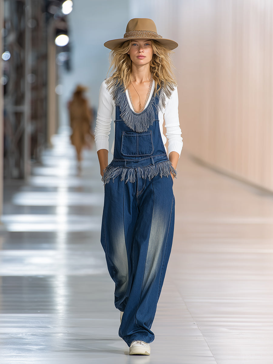 Fashionable Western-style Tassel Denim Wide-leg Overalls