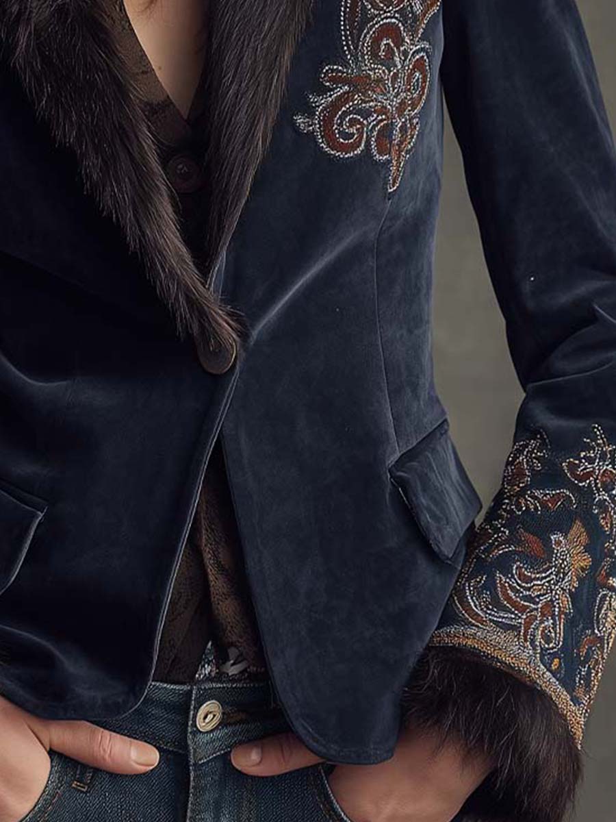 Embroidered Navy Velvet Jacket With Fur Collar And Cuffs