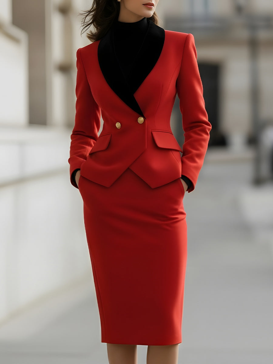 Elegant Tailored Blazer And Skirt Suit Set With Contrast Lapel