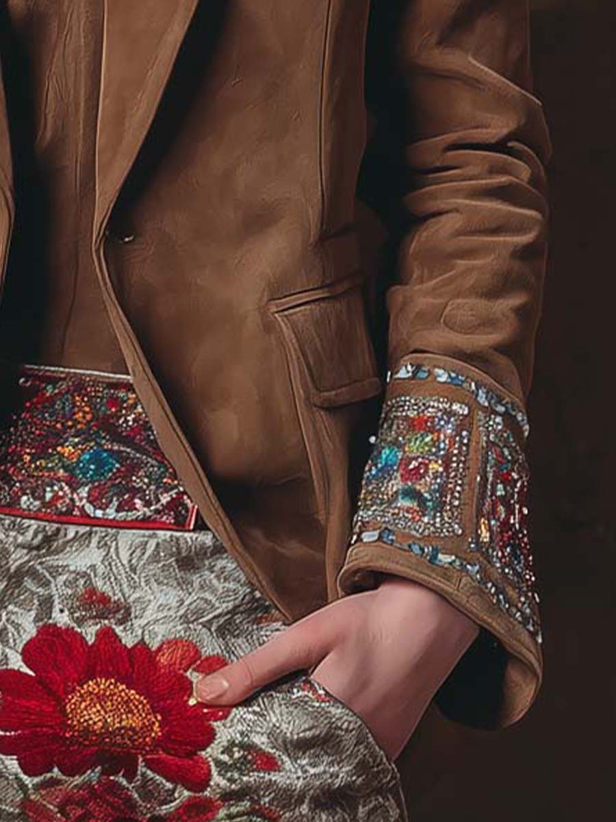 Embroidered Cuff Suede Blazer