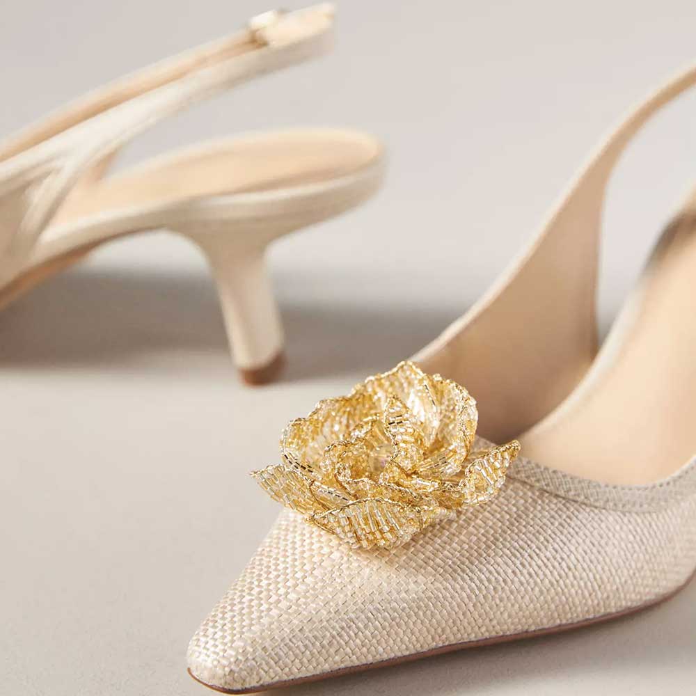 Beige Textile Pointed Toe Kitten Heel Floral Inlay Slingback Pumps