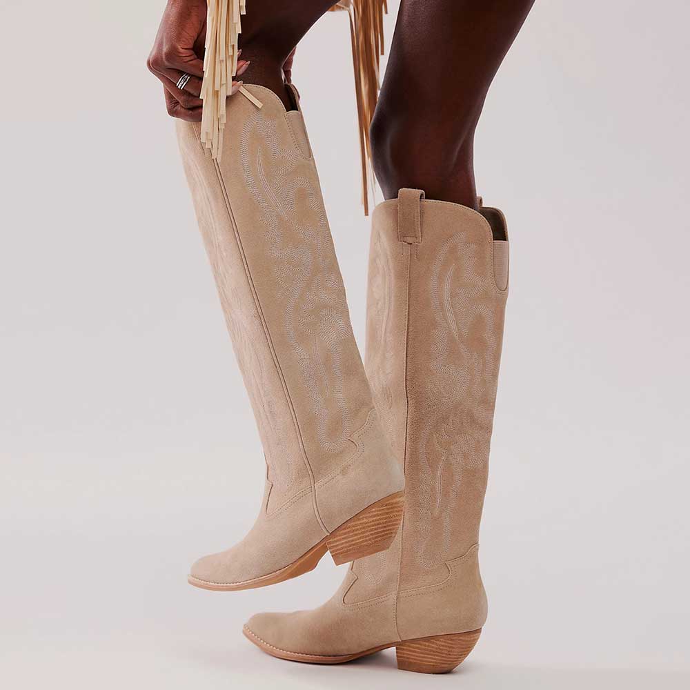 Beige Faux Suede Pointed Toe Block Heel Wide Calf Knee-High Boots