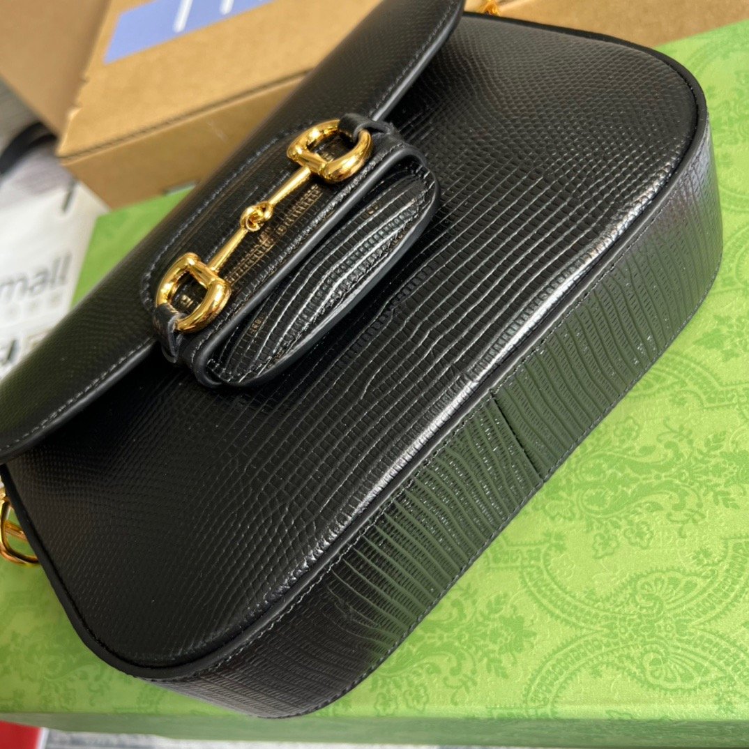 gg Horsebit 1955 Lizard Mini Bag Black For Women, Women’s Bags 8in/20cm gg