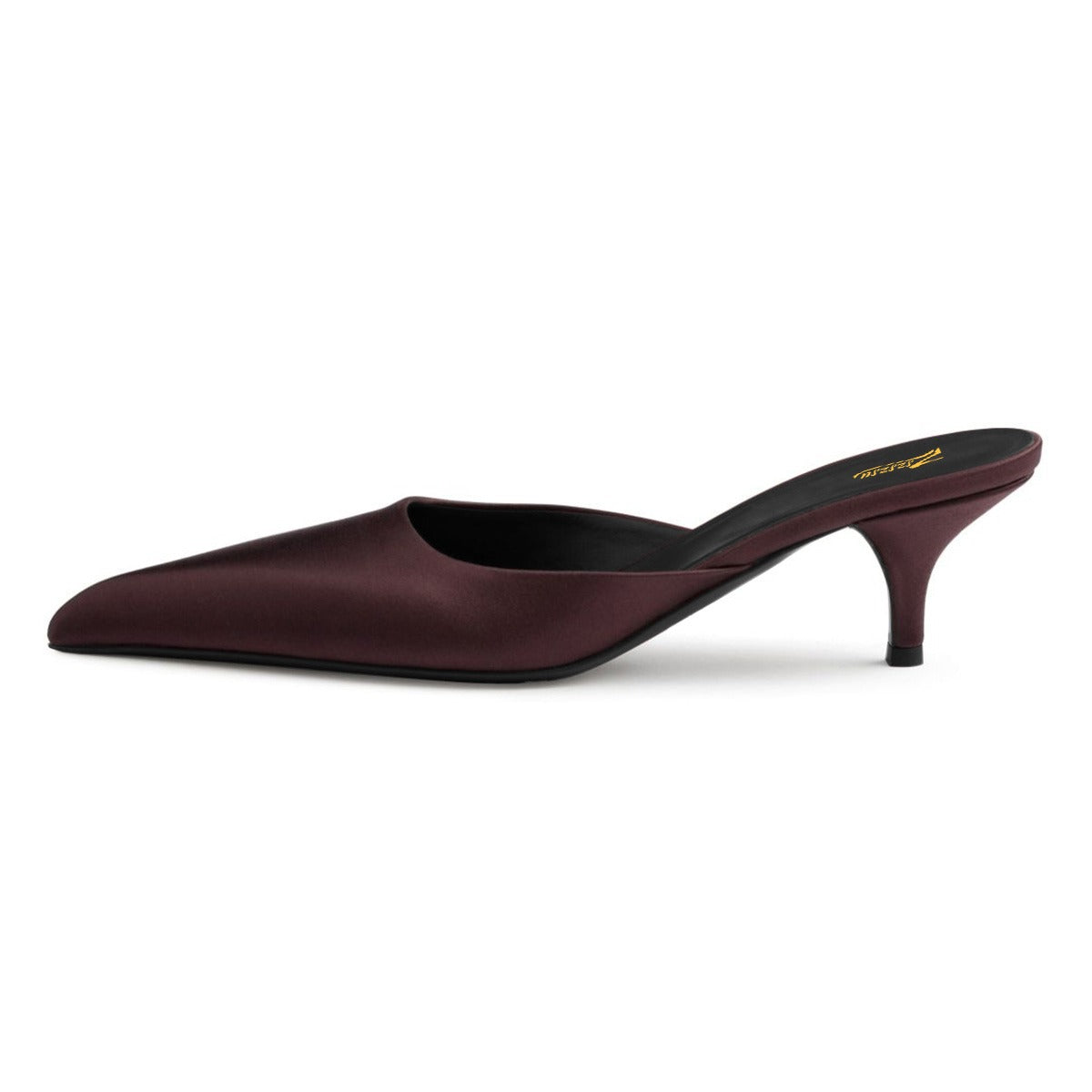 Dark Brown Satin Kitten Heel Pointed Toe Mule Shoes for Women