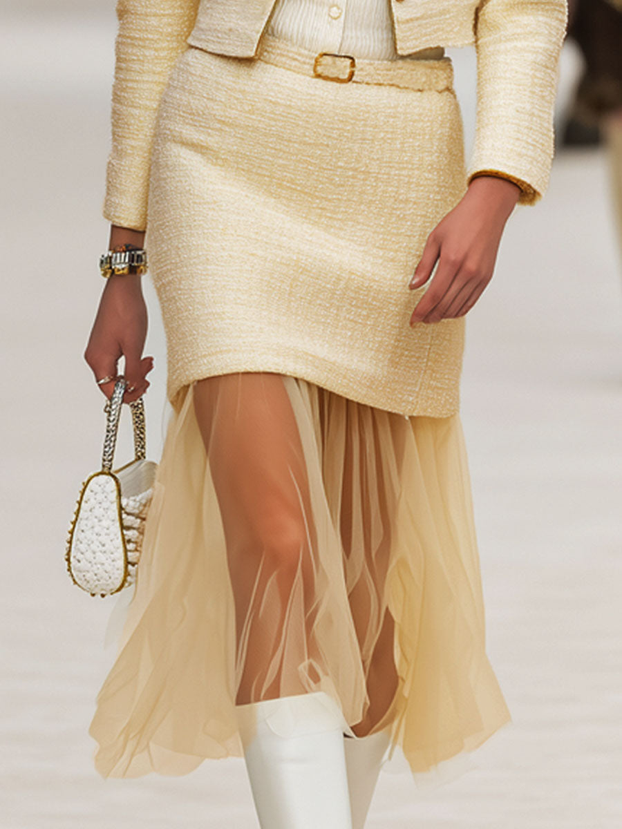 Elegant Textured Fabric Patchwork Organza Jacket And Skirt Set