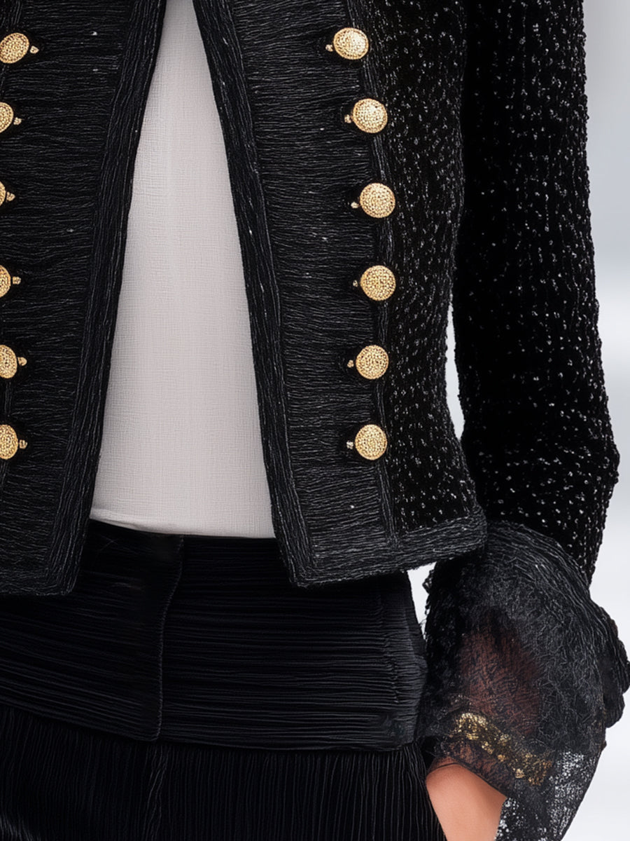 Designer Black Tweed Button-down Lace Jacket