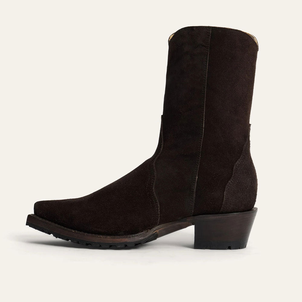 Dark Brown Snip Toe Zipper Mid Calf Cowgirl Boots with Chunky Heels
