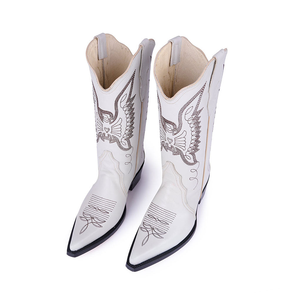 Embroidered Mid-Calf Snip Toe White Western Boots for Women