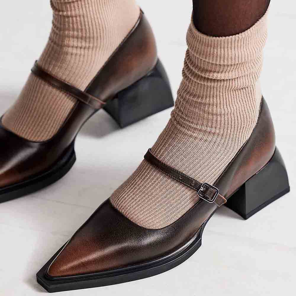 Dark Brown Pointed Toe Chunky Heel Mary Jane Shoes with Buckle Strappy