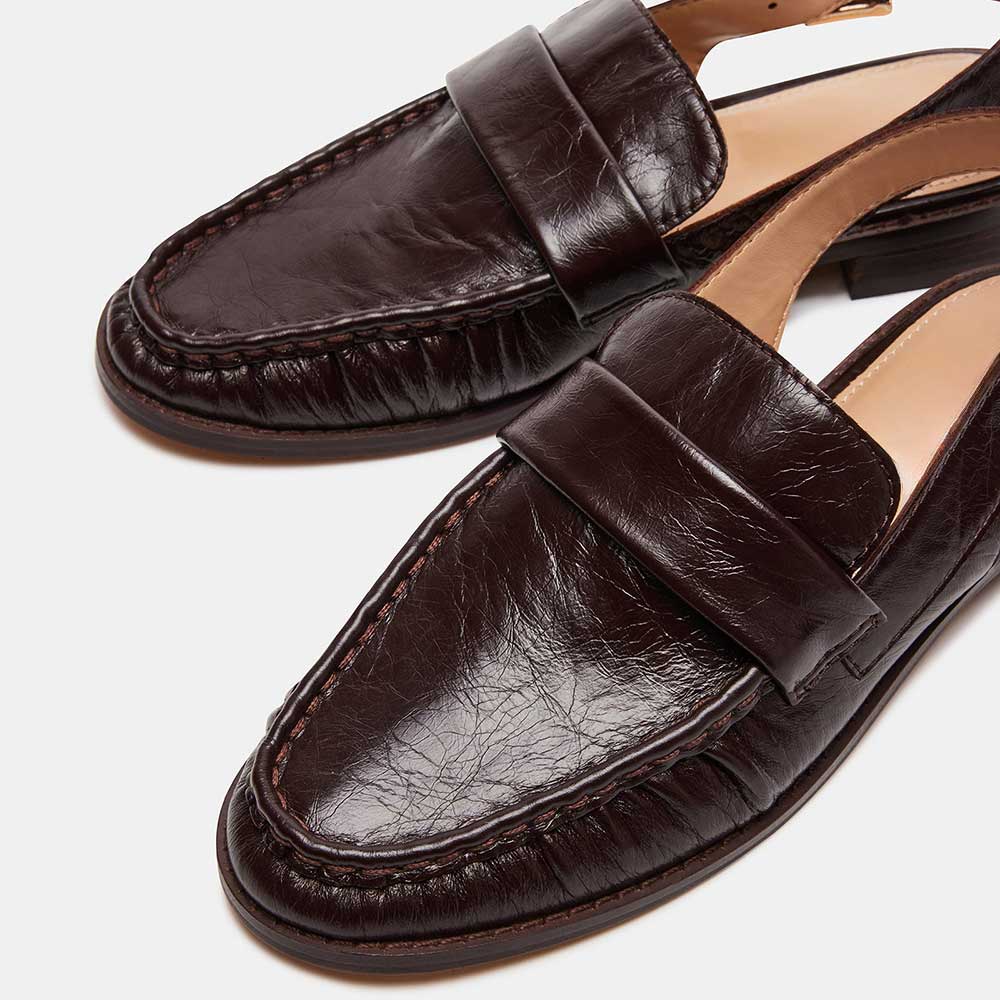 Dark Brown Vegan Leather Round Toe Flat Buckled Loafer Slingbacks