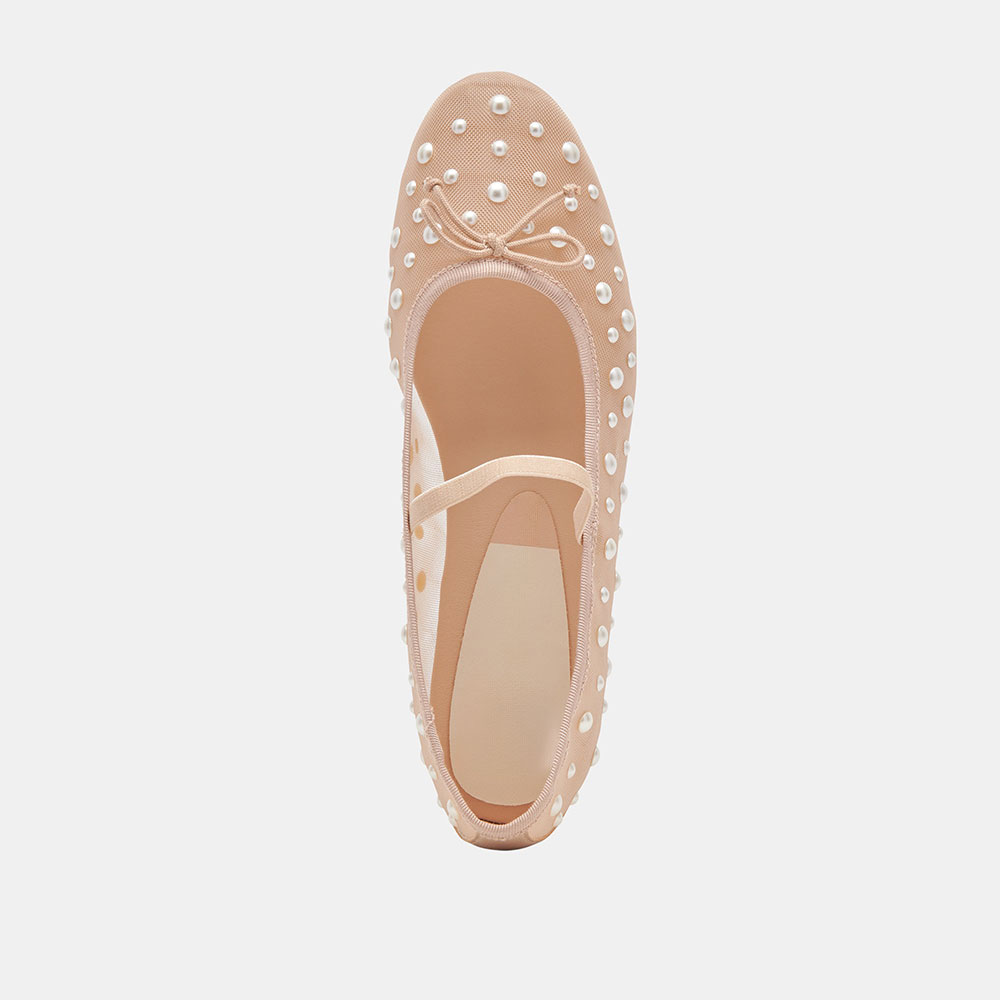 Beige Mesh Round Toe Flat Pearl Sophisticated Embellished Ballet Shoes