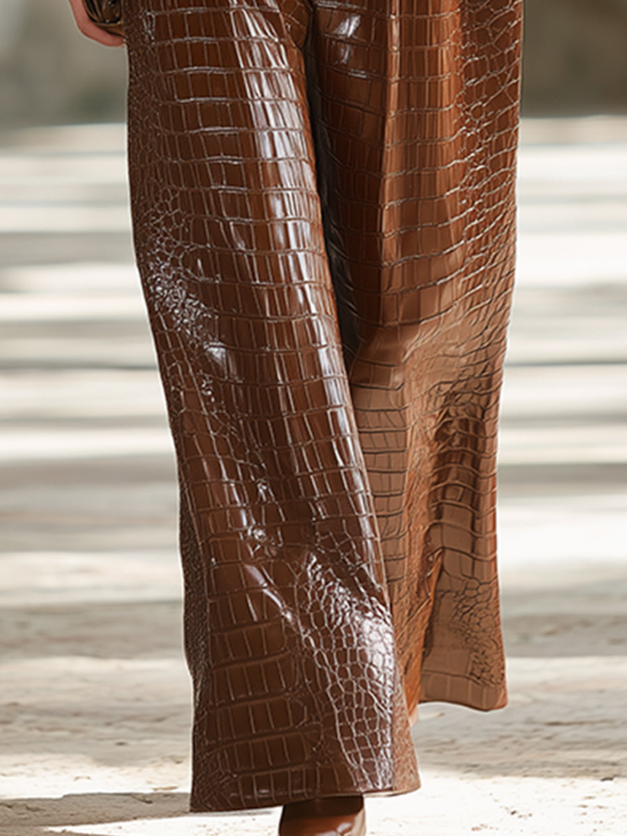 Elegant And Luxurious Brown Crocodile-print Faux Leather High-waist Wide-leg Pants