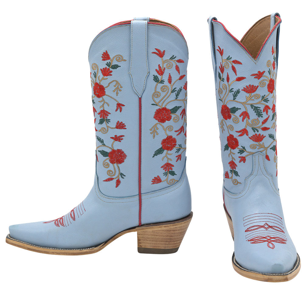 Embroidered Floral Snip Toe Mid-Calf Light Blue Cowgirl Boots