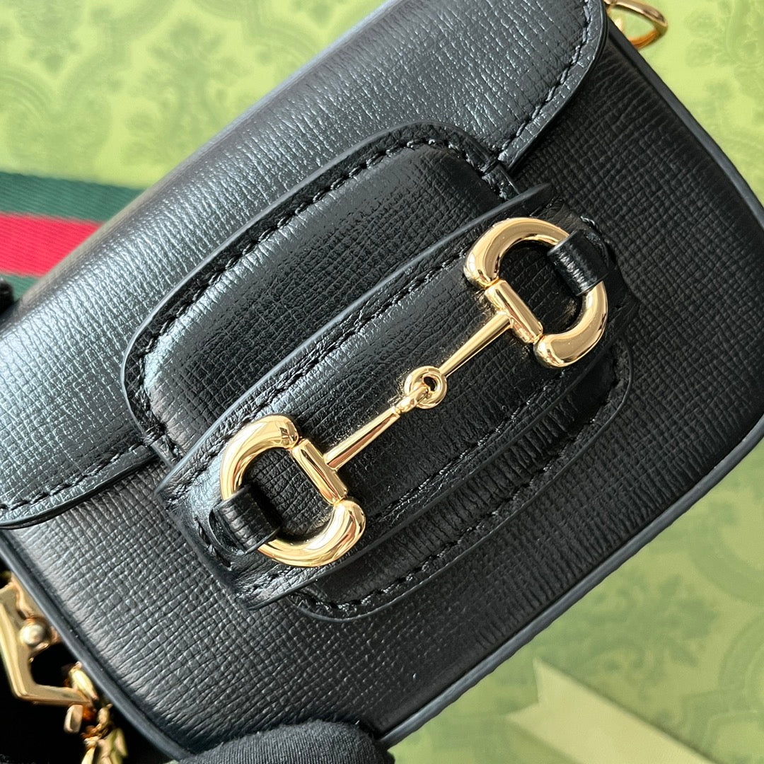 gg Horsebit 1955 Strap Wallet Black For Women, Women’s Bags 4.7in/12cm gg 699760 18YSG 1060