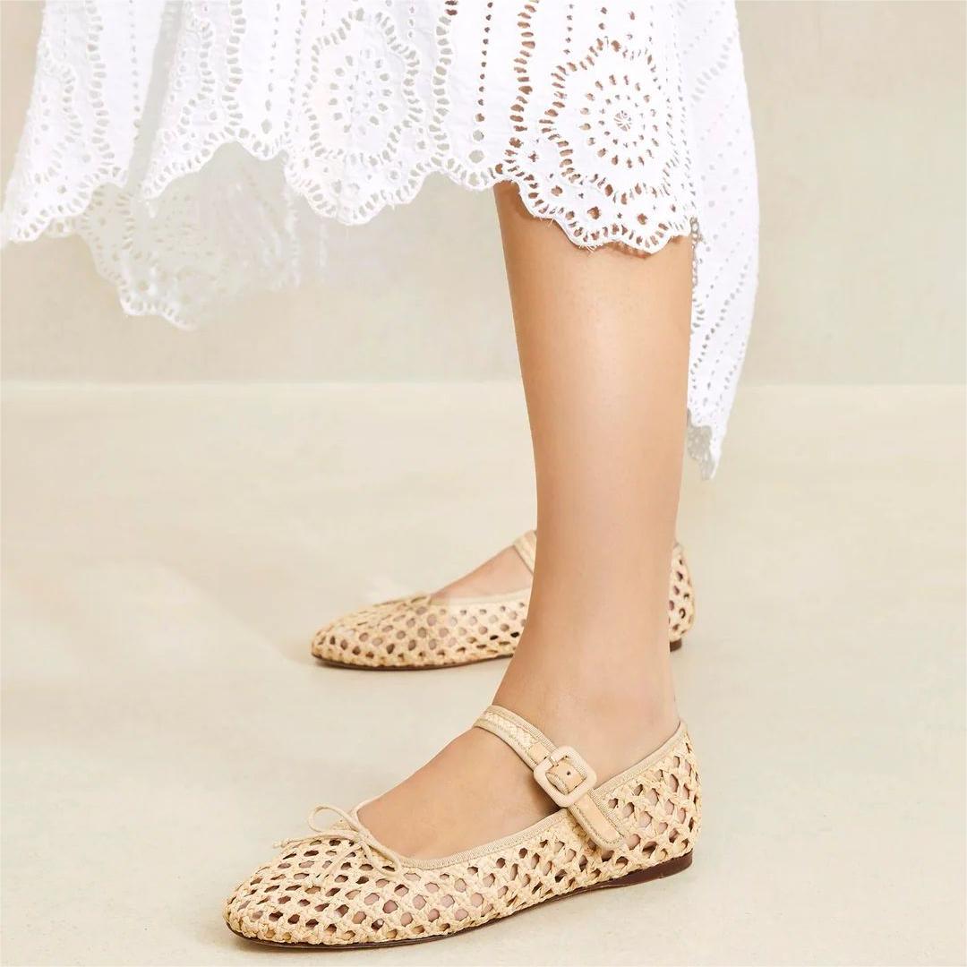 Beige Cut Out Round Toe Buckled Strappy Flat Mary Jane Shoes with Bow