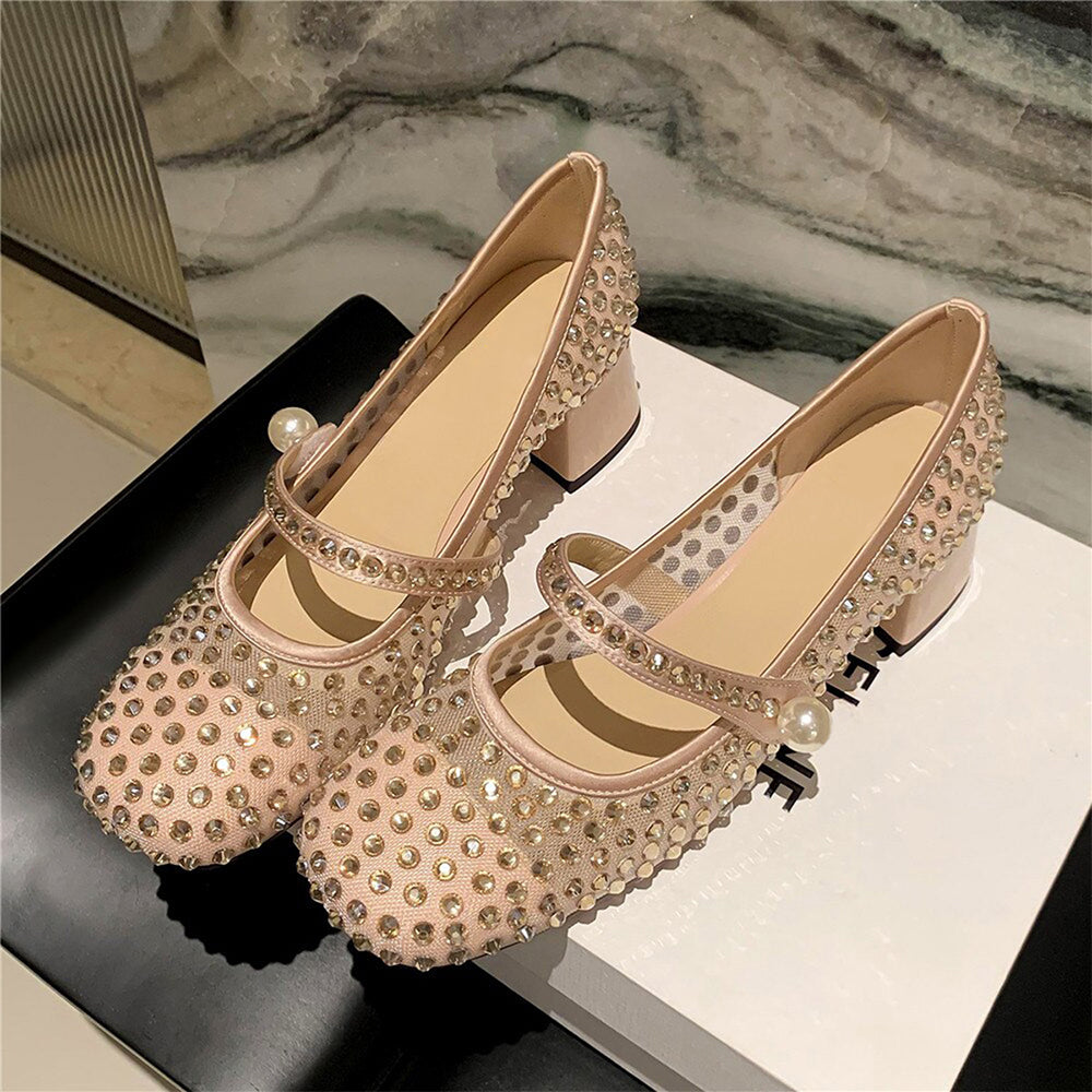 Beige Mesh Closed Toe Chunky Heel Rhinestone Pumps