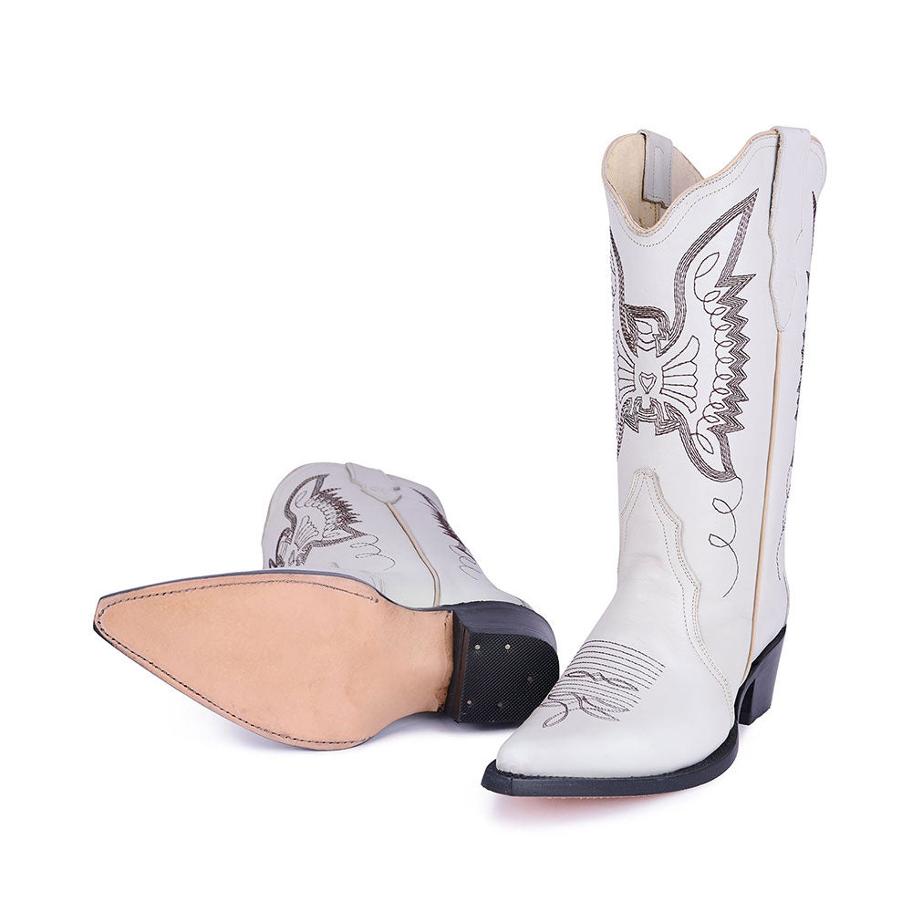 Embroidered Mid-Calf Snip Toe White Western Boots for Women