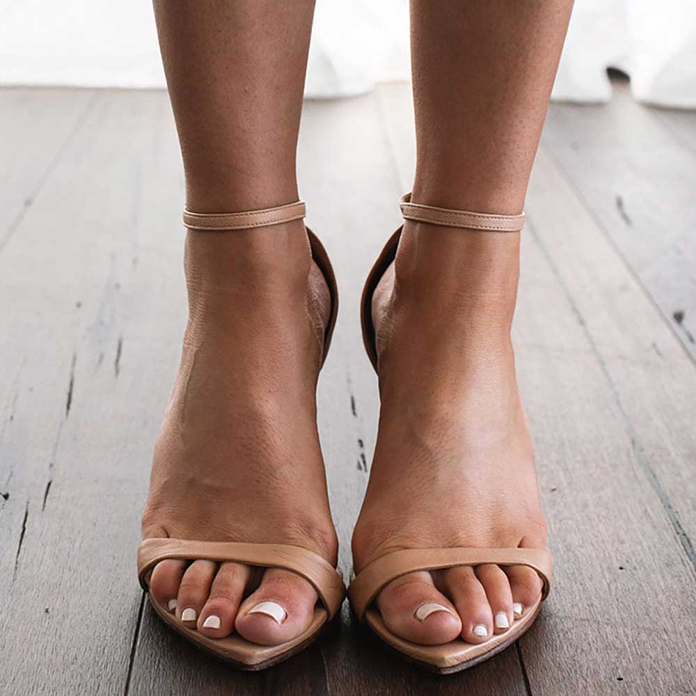Beige Pointed Toe 3'' Stiletto Heel Buckled Ankle Strap Sandals