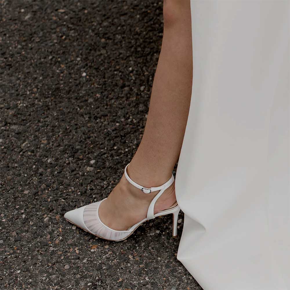 Elegant White Mesh & Satin Pointed Toe Pumps Shoes with Ankle Strap