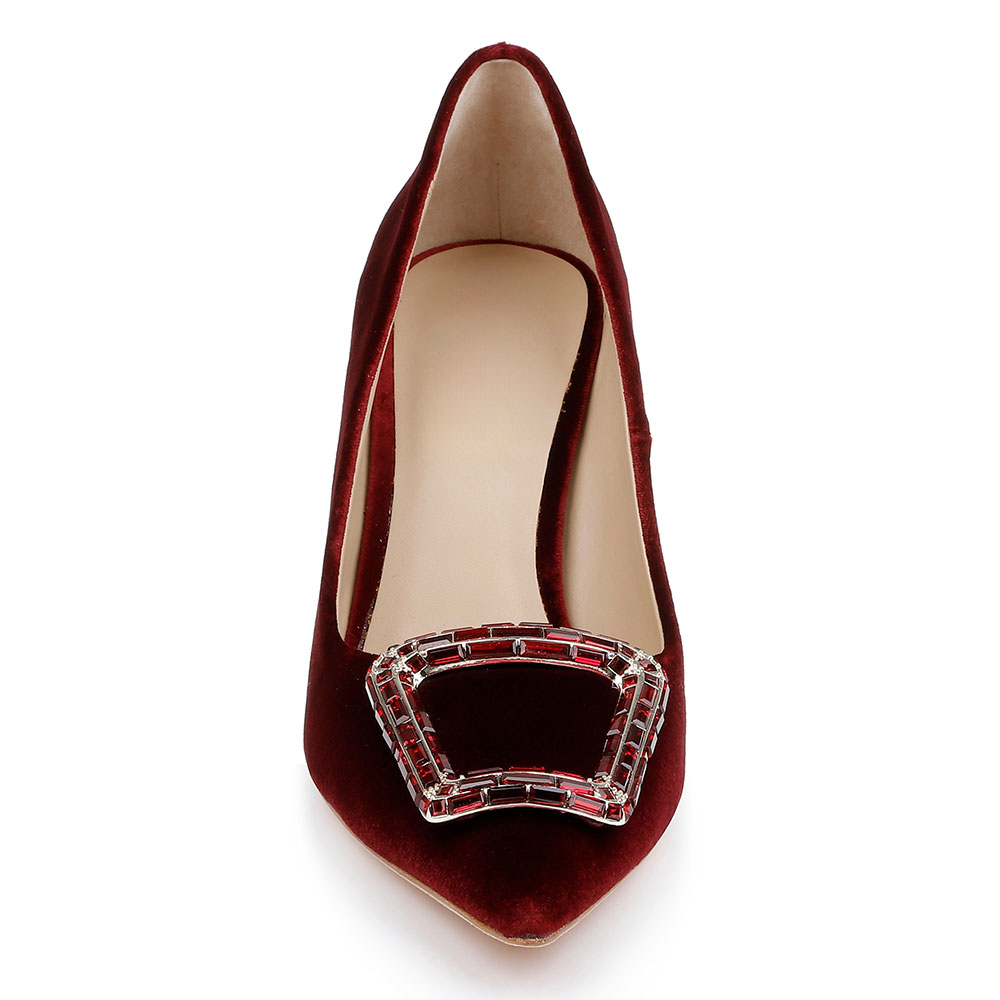 Elegant Velvet Buckle Accent Pointed Toe Slip-On Pumps Heels in Red