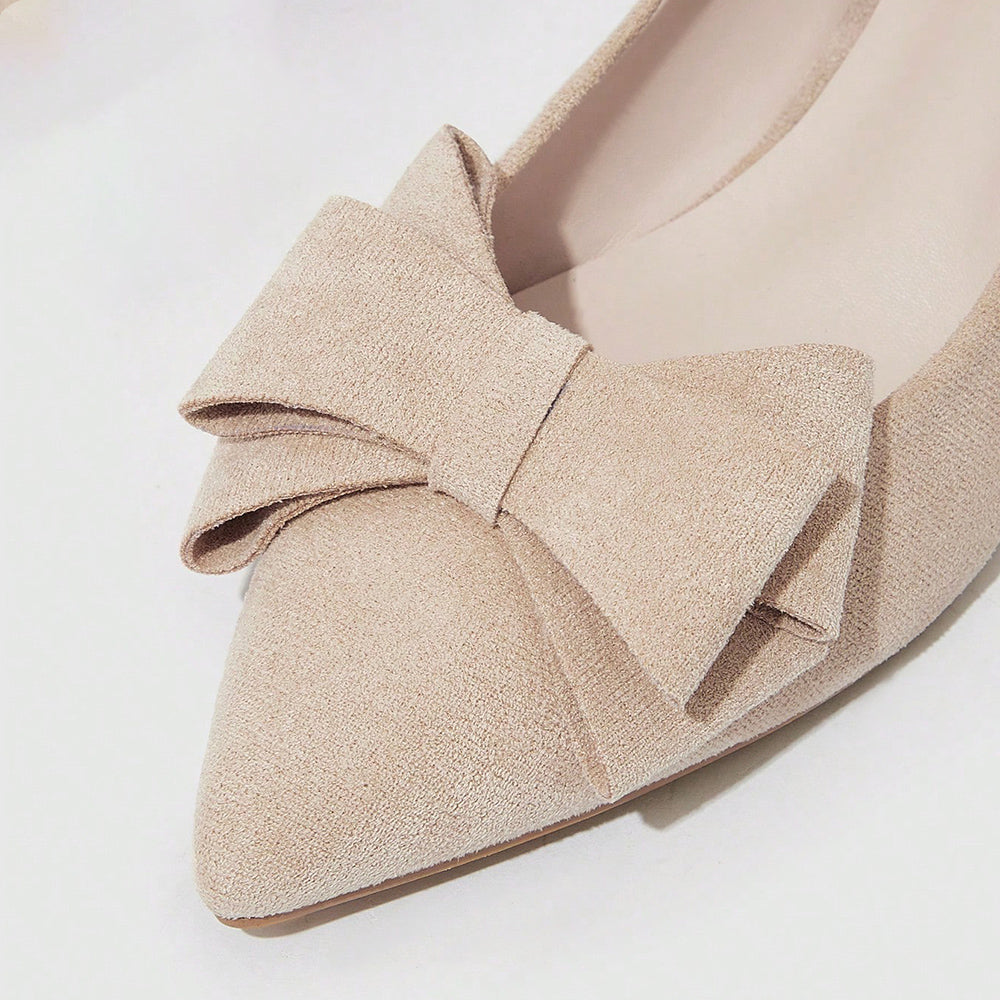Beige Faux Suede Closed Toe Chunky Heel Pumps with Bow