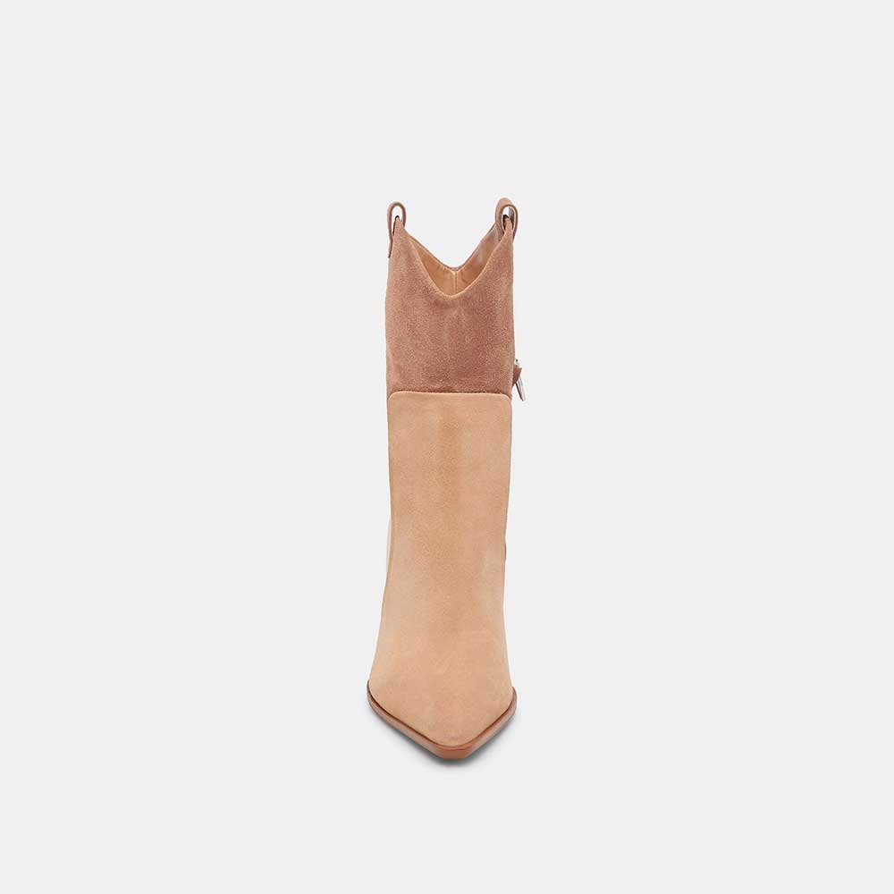Beige Faux Suede Pointed Toe Chunky Heel Cowgirl Booties