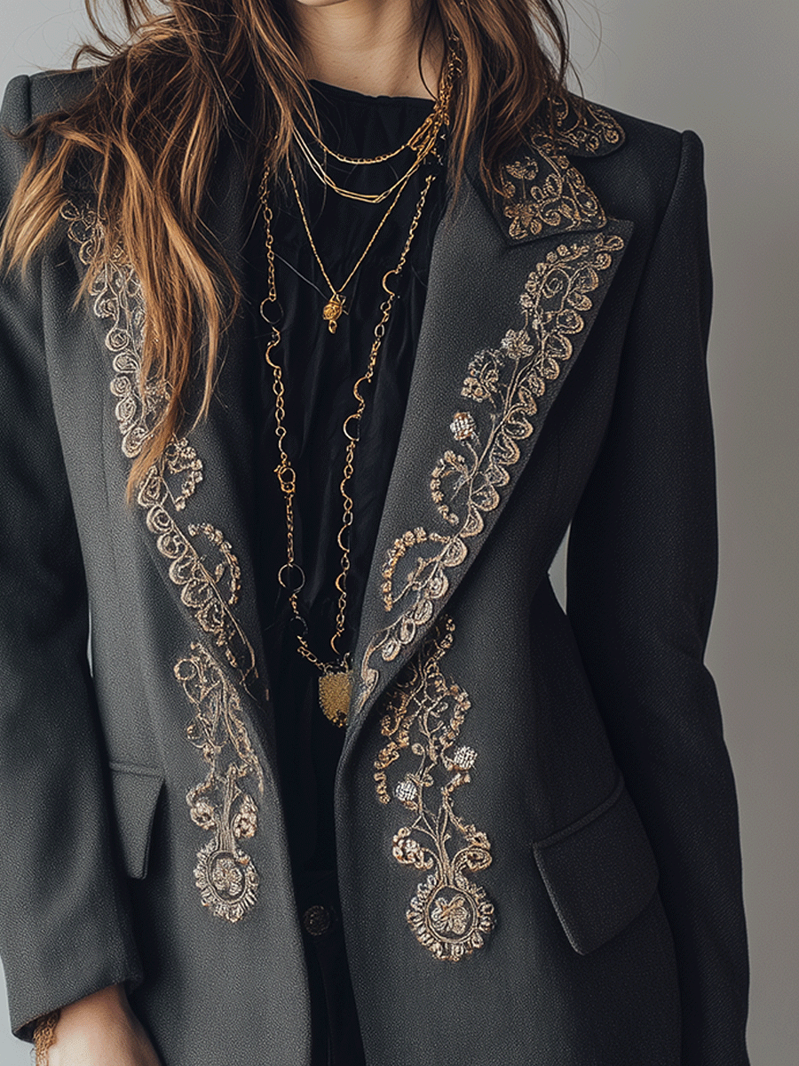 Elegant Chic Black Gold Embroidered Lapel Blazer
