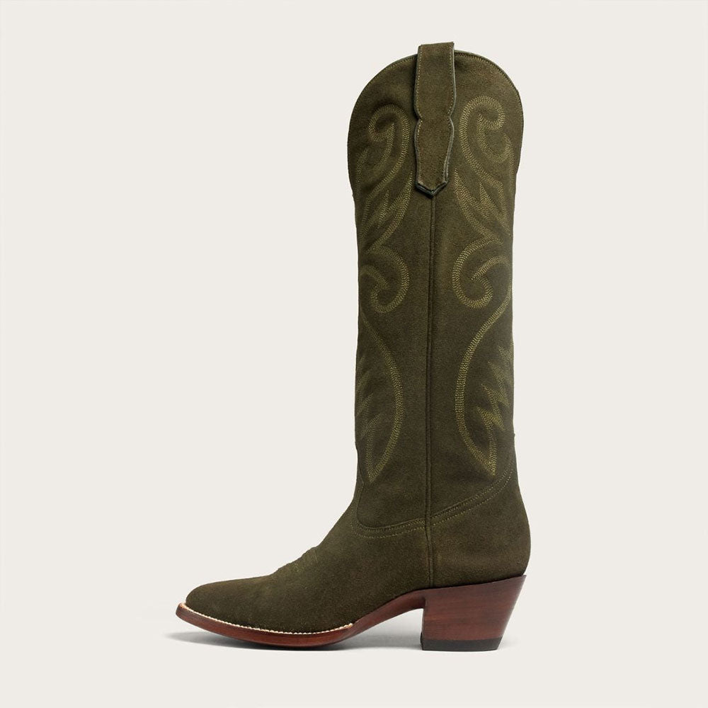 Fashion Olive Snip Toe Chunky Heel Pull-On Embroidered Cowgirl Boots