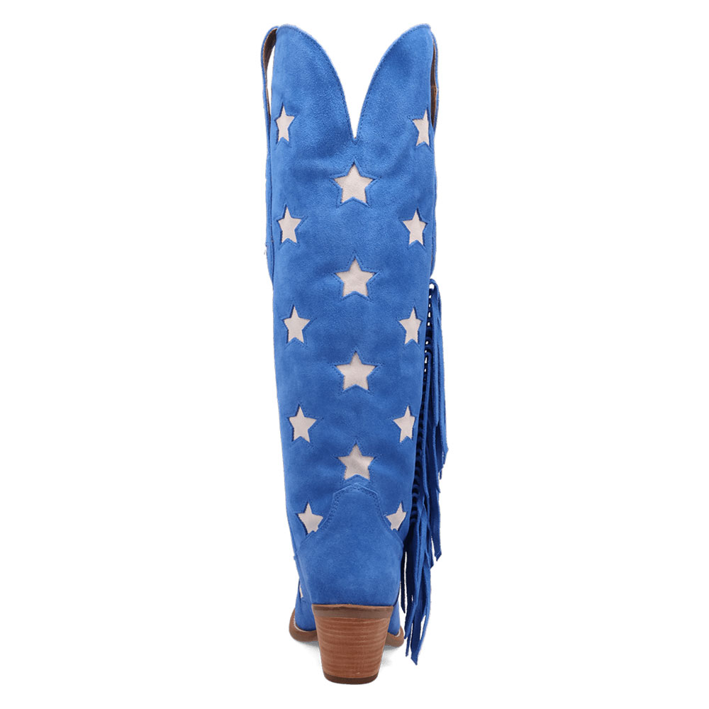 Beige Star Pattern Snip Toe Chunky Heel Knee-High Blue Cowgirl Boots