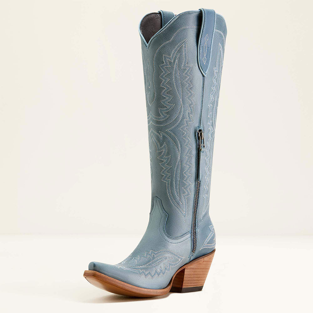 Embroidered Wing Snip Toe Mid Heel Greyish Blue Cowboy Boots for Women