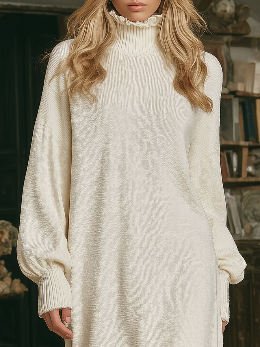 Elegant And Romantic Lotus Leaf Collar Lace Stitching White Knitted Maxi Dress