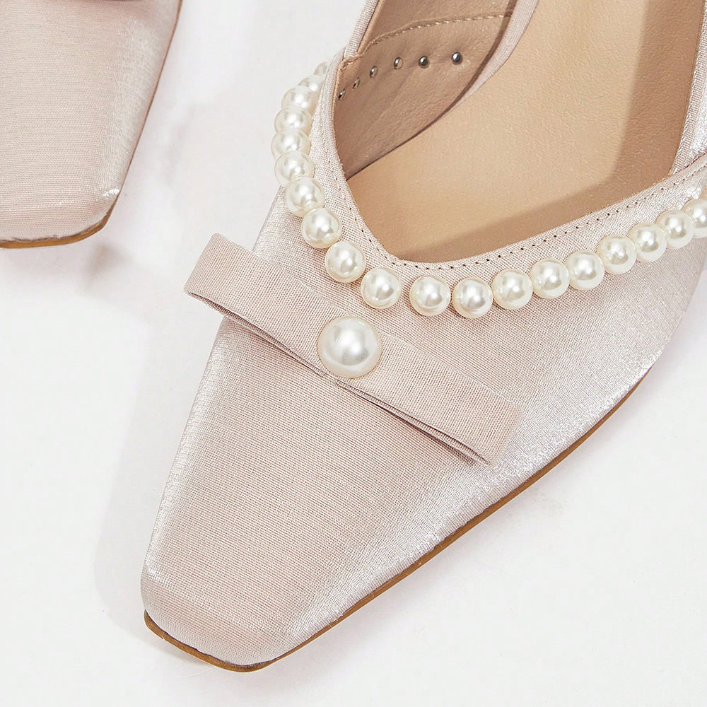 Beige Satin Closed Toe Kitten Heel Pearl Pumps