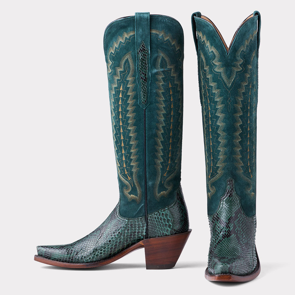 Dark Teal Faux Suede Low Block Heel Snakeskin Snip Toe Western Boots