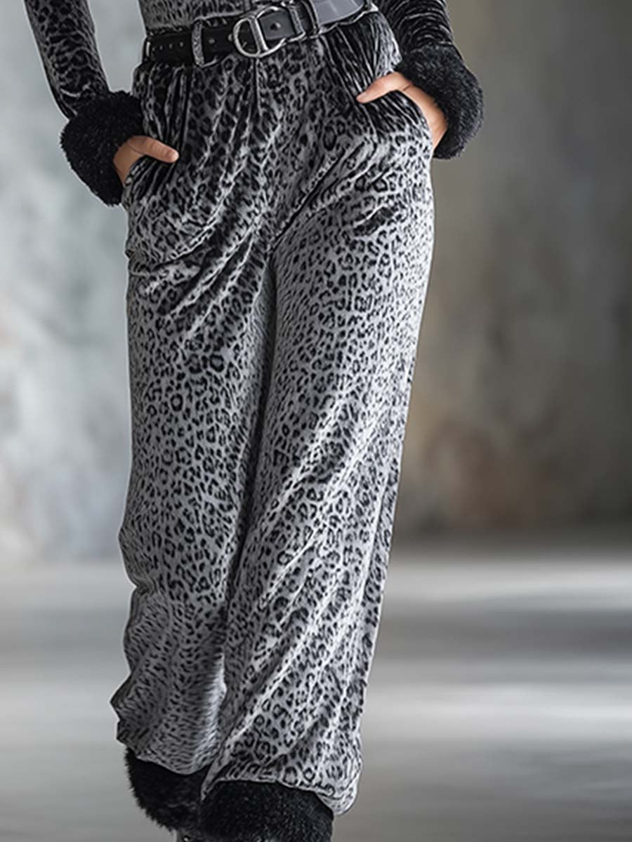 Fashionable And Casual Silver-gray Leopard Print Hooded Fur-trimmed Velvet Jumpsuit