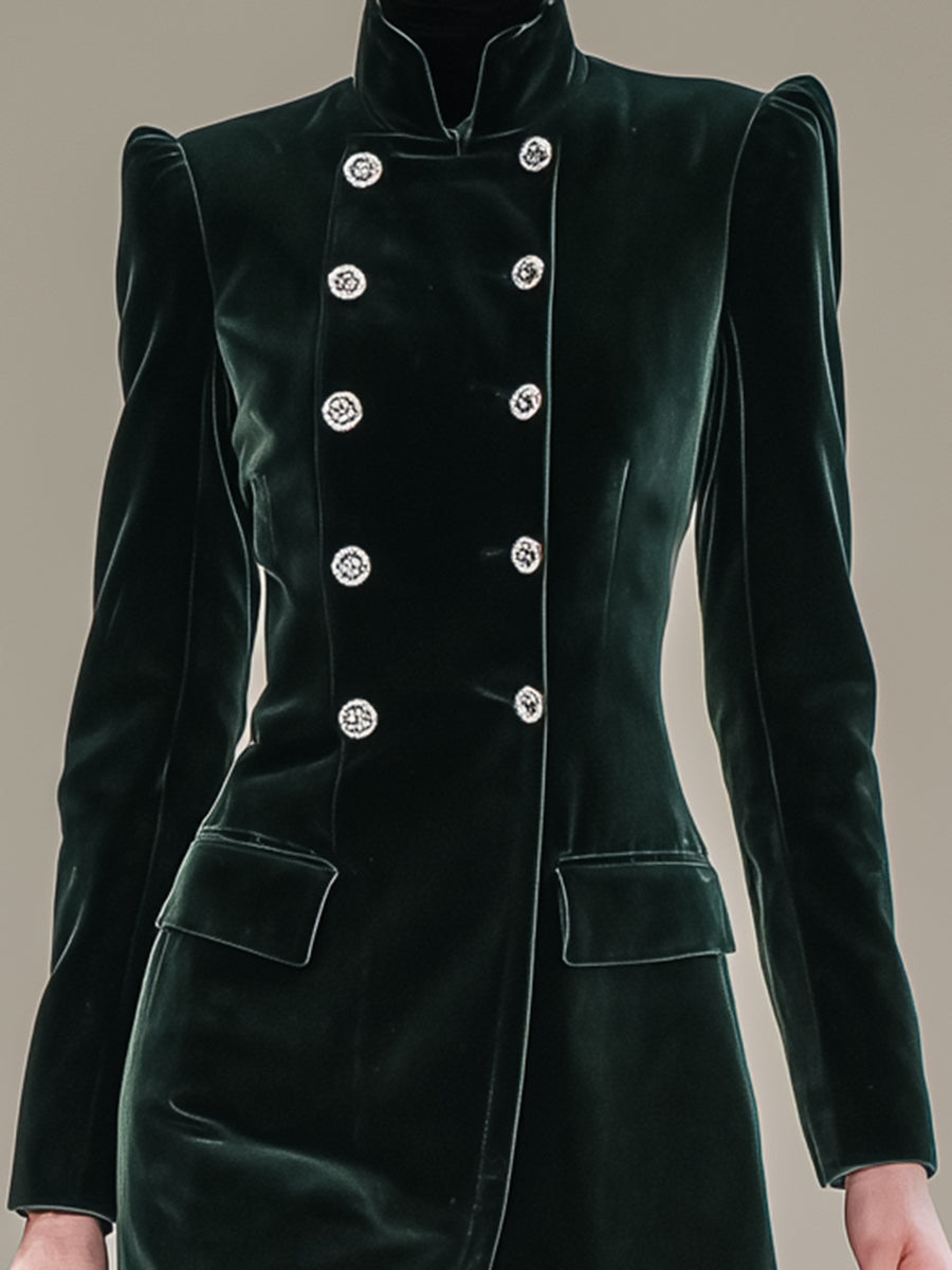 Dark Green Velvet Button-down Mid-length Coat